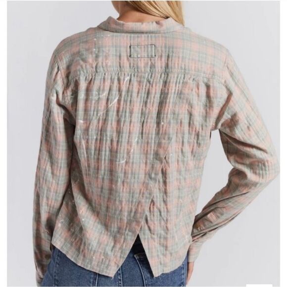 CURRENT ELLIOTT -1815 Ivie Splatter Plaid Button Down Shirt Sunshine Pink Grey S - Picture 2 of 9